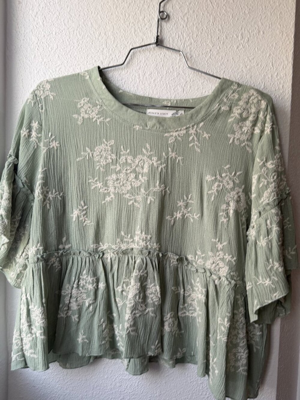 Altar'd State mint green blouse with white embroidery, size M